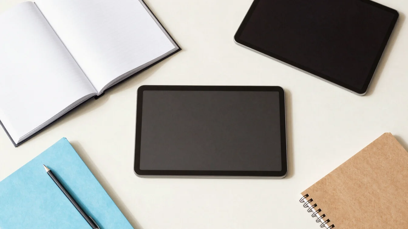 Clean overhead flat-lay of educational tools, notebooks, and a digital tablet on a crisp light desk surface, bright natu