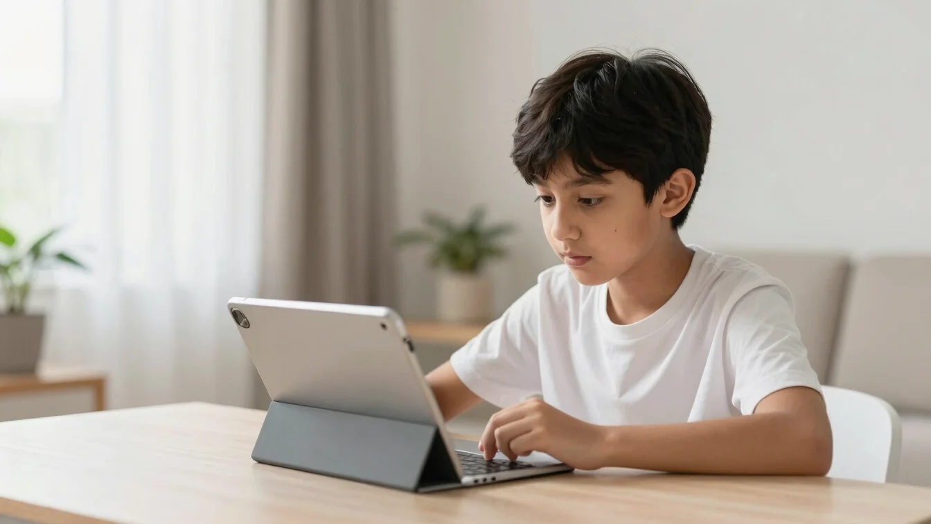 Focused student engaged in online study using a modern tablet in a clean contemporary UAE interior, soft morning light