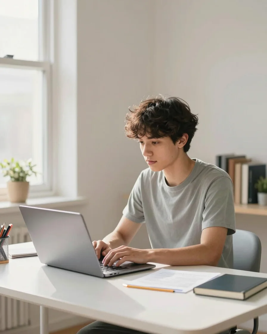 Bright modern editorial portrait of a student working on a laptop