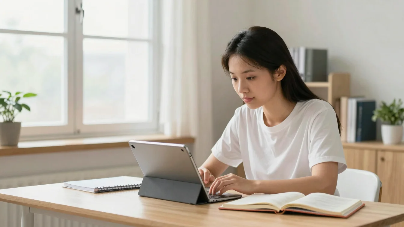 Bright modern student working on a tablet with notebooks at a cle