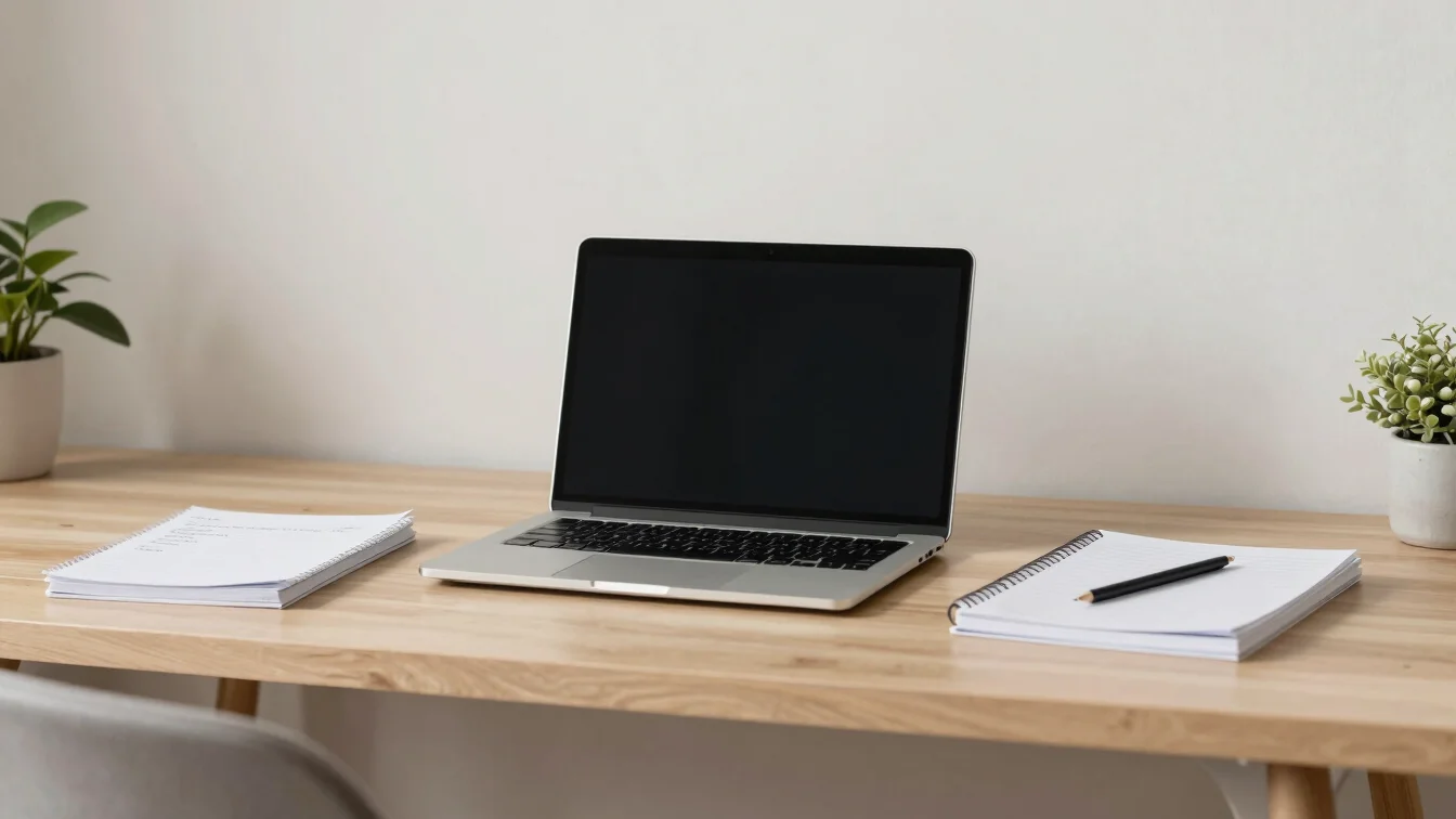 Clean modern home study desk with laptop and organized study note