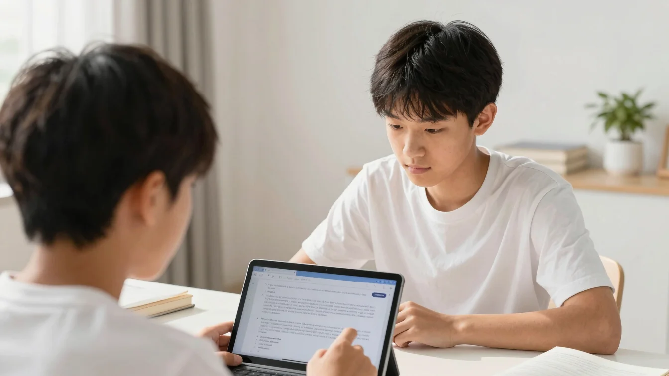 Focused young student reviewing digital learning materials on a s