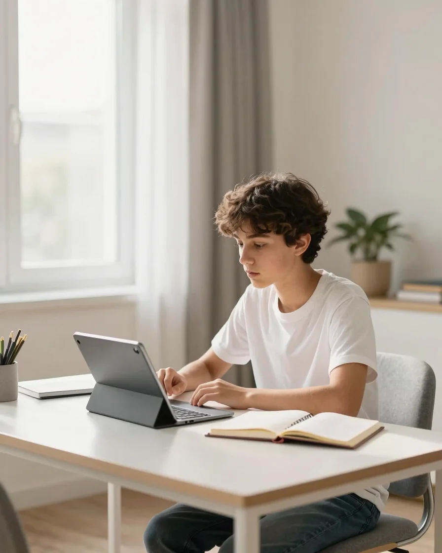 Medium shot of a focused student at a bright organized desk in a